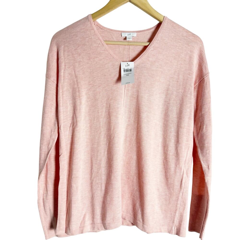 J. Jill Pink Organically Grown Cotton Seamed V-Neck Sweater Size XS